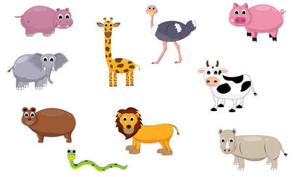 Vector illustration of cute  animals including bear, giraffe, Snake, Lion, Rhino, Pig, Ostrich, Hippopotamous cow, elephant