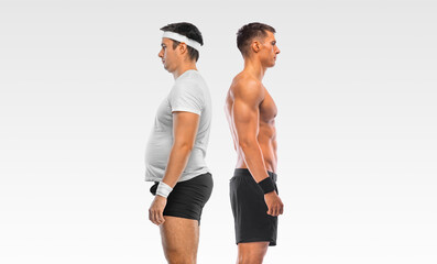 Before and After fitness Transformation. Side view. The man was fat but became athlet. Fat to fit concept. - 483445985