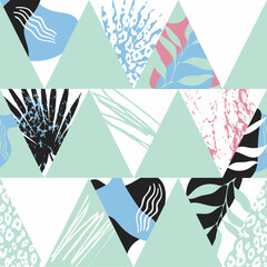 Abstract colorful seamless pattern, triangle pattern, abstract forms, exotic leaves, decoration, textiles, wallpaper