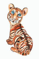 Fototapeta na wymiar Watercolor hand drawn baby tiger with big blue eyes