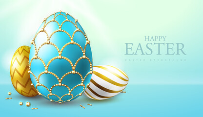 Holiday Easter background with golden and blue easter eggs. Faberge egg. Greeting card or poster. Vector illustration
