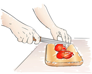 cutting vegetables on chopping board vector illustration sketch