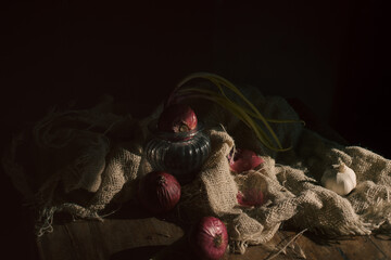 Onion still life dutch style painting