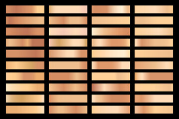 Metalic gradient collection with shiny gold hologram. Holographic foil texture, gold rose, brown and golden gradation. Vector set for frame, ribbon, border, other design