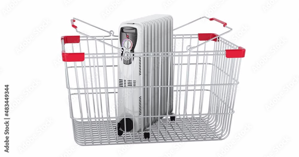 Poster oil heater adding to shopping basket, 3d animation. 3d rendering isolated on white background