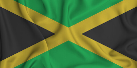 3D illustration of the flag of Jamaica waving in the wind.