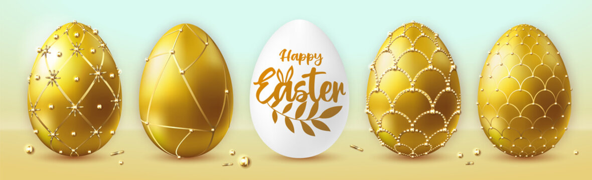 Holiday Easter background. Set of gold easter eggs. Faberge egg. Greeting card or poster. Vector illustration