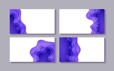 Set of abstract backgrounds in paper cut style. 3d flyer collection purple and white colors waves with smooth shadow. Vector illustration with layered curved line shape rectangular composition