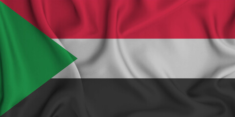 3D illustration of the flag of Sudan waving in the wind.