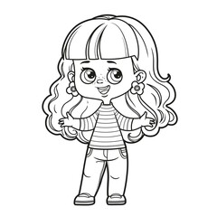 Cute cartoon girl with wavy hair stands with her arms outstretched outlined for coloring page on white background