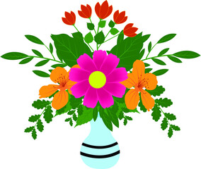 Bouquet of flowers made of orhidea, lilias and nutans in vase on white background - obrazy, fototapety, plakaty