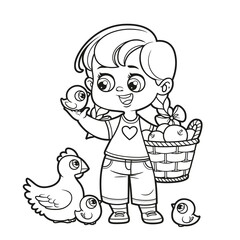 Cute cartoon girl examines the chicken and holds a basket of apples outlined for coloring page on white background