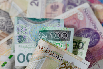 Banknotes of Polish zlotys of various denominations