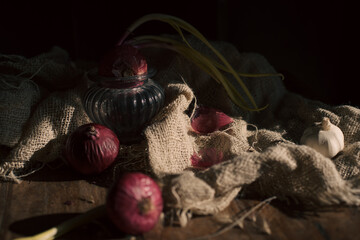 Onion still life dutch style painting