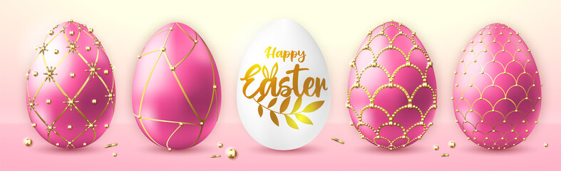 Holiday Easter background. Set of pink easter eggs. Faberge egg. Greeting card or poster. Vector illustration