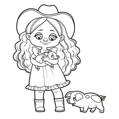 Cute cartoon girl holding little pig in her hands and a pig nearby outlined for coloring page on white background