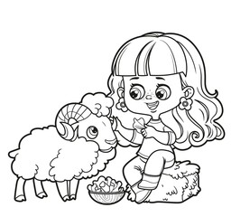 Cute cartoon girl sitting on hay and feeds the ram with cabbage leaves outlined on white background