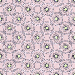 A repeating pattern. Seamless flower ornament. Doodle floral drawing. Handmade graphics. Bedding green and pink shades. For a wedding and Valentines day.Printing on wallpaper and packaging.
