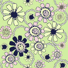 A repeating pattern. Seamless flower ornament. Doodle floral drawing. Handmade graphics. Bedding green and pink shades. For a wedding and Valentines day.Printing on wallpaper and packaging.