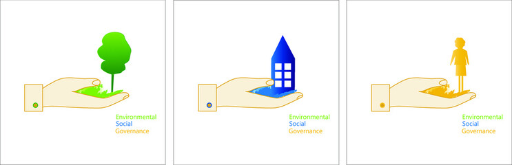 ESG concept of environmental, social and governance; sustainable development. Vector illustration in three parts, isolated 10 EPS