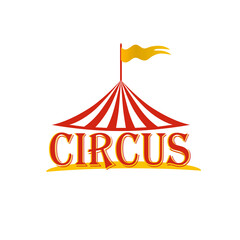 Circus red and white striped tent with a flag on top of the dome for carnival or entertainment design. Circus tent logo, icon. Vector illustration isolated on white background