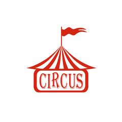 Circus red and white striped tent with a flag on top of the dome for carnival or entertainment design. Circus tent logo, icon. Vector illustration isolated on white background