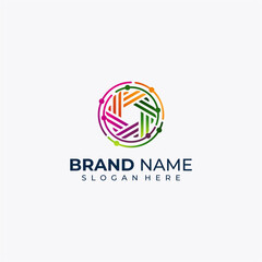 Letter E circle with data connections logo design inspiration. Letter E data connection logo design