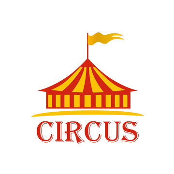 Circus red and yellow striped tent with a flag on top of the dome for carnival or entertainment design. Circus tent logo, icon. Vector illustration isolated on white background