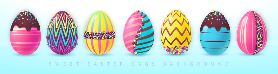 Holiday Easter background.  Set of colorful easter eggs and sweet decoration. Greeting card or poster. Vector illustration