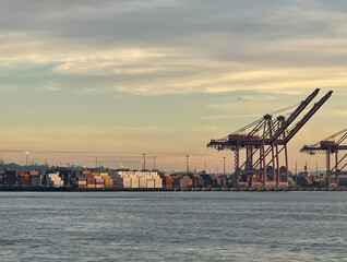 Fototapeta na wymiar The commercial docks in Seattle Washington during sunset.