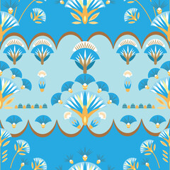 Fototapeta na wymiar Seamless pattern vector illustration of the Egyptian ancient ornament with a lotus flower, leaves, papyrus, palm tree. Egyptian culture element For wallpaper, wrapping, paper, fabric, background