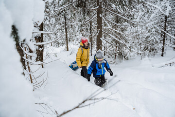 A child with his mother walks along the road in the winter forest. A warmly dressed family walks through the snowdrifts. A boy hike with his parent in the mountains in a cold climate.