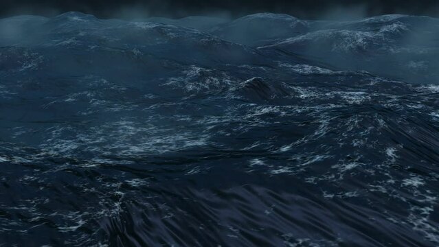 Stormy ocean with waves, clouds over rough ocean, dark sea waves with foams
