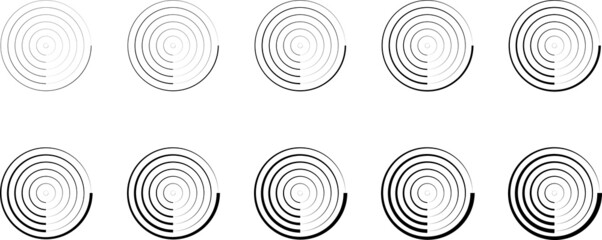Set of black grunge circles shapes. linear circles. circles logo. Halftone circles. Sunburst element. Starburst, radial stripes