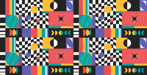 Neo Modernistic pattern. Geometrical artwork with simple shape and figures. 90s style pattern. Trendy pattern for various backgrounds, poster art, textile design, decorative prints, invitation letters