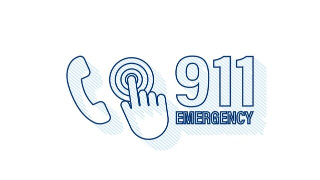 911 call in Shadow style. Call icon . Hand holding smartphone. First aid. Finger touch screen. Motion Graphic