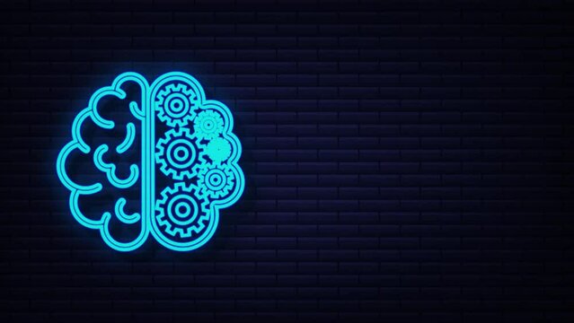 Neon icon with silhouette man head gears. Mental health concept. Business concept. Motion Graphic