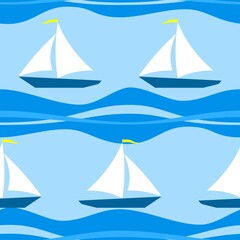Bright abstract seamless background with blue waves and sailboats. Vector design.