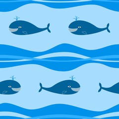 Seamless background in blue tones with cheerful whales. Vector design.