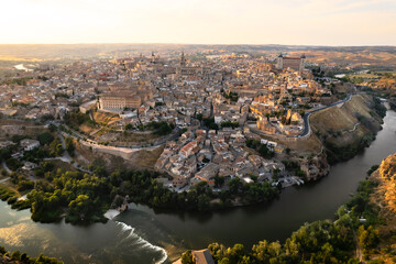 Fototapeta na wymiar Aerial panoramic drone point of view historical city of Toledo. Spain