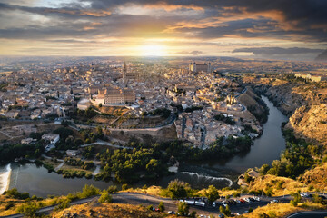 Aerial panoramic drone point of view historical city of Toledo. Spain