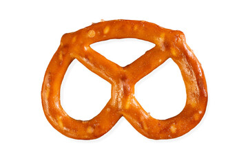 Snack pretzel (knabberzeug) with coarse salt isolated on white background. Macro top view.