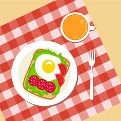 Delicious and healthy food. Breakfast, a cup of tea, an egg and a sandwich with cheese and tomatoes. Vector illustration