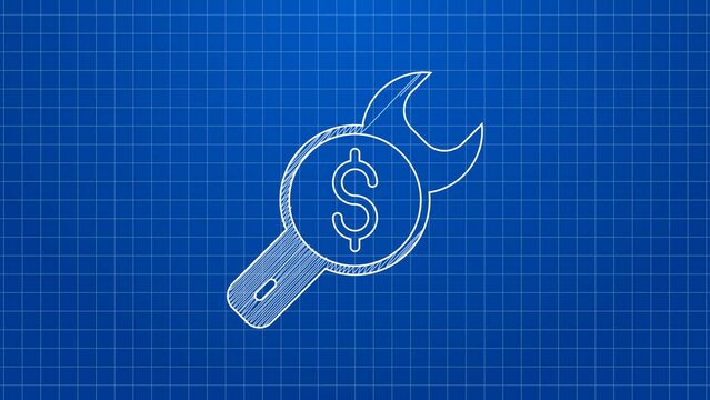 White line Repair price icon isolated on blue background. Dollar and wrench. 4K Video motion graphic animation