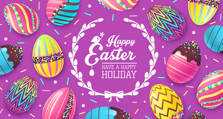 Holiday Easter background with colorful easter eggs and sweet decoration. Greeting card or poster. Vector illustration