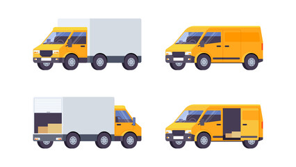 Set of trucks, collection of flat vector vehicles. Beautiful vector illustrations isolated on white. Truck and mini bus side view. Courier transport concept.