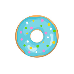 Donut with light blue icing and colored sprinkles. Vector illustration isolated on white background