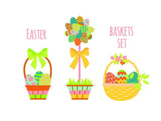 Set of cute colorful baskets full of Easter eggs isolated on a white background.