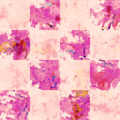 Checkerboard summer tie dye batik beach wear pattern. Seamless stain check space dyed effect fashion. Washed out quilt patchwork soft furnishing background. 