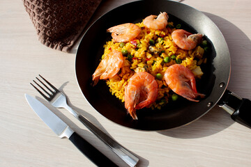 Spanish paella with seafood for dinner